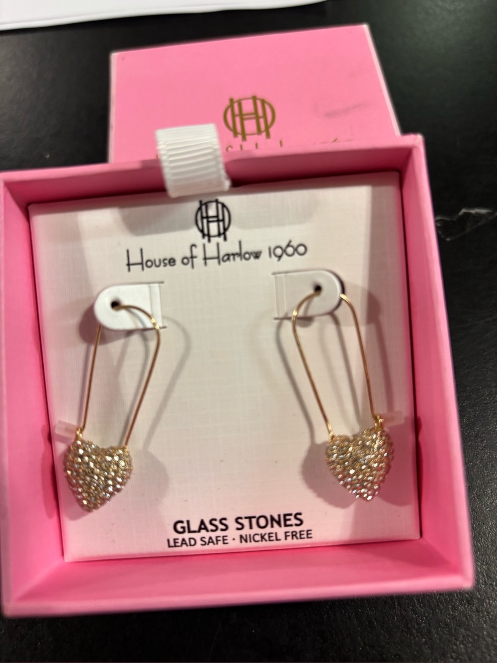 HOUSE OF HARLIW 1960 NIB HEART EARRINGS HOLD TONE GLASS VERY PRETTY